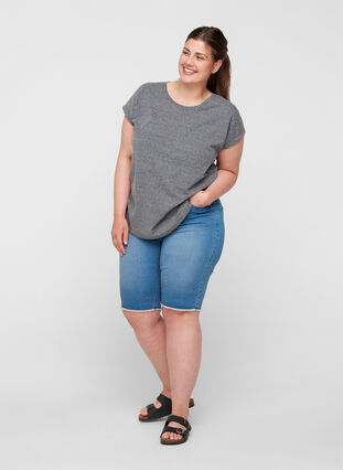 Short en jean moulant avec bords bruts, Blue Denim, Model image number 0