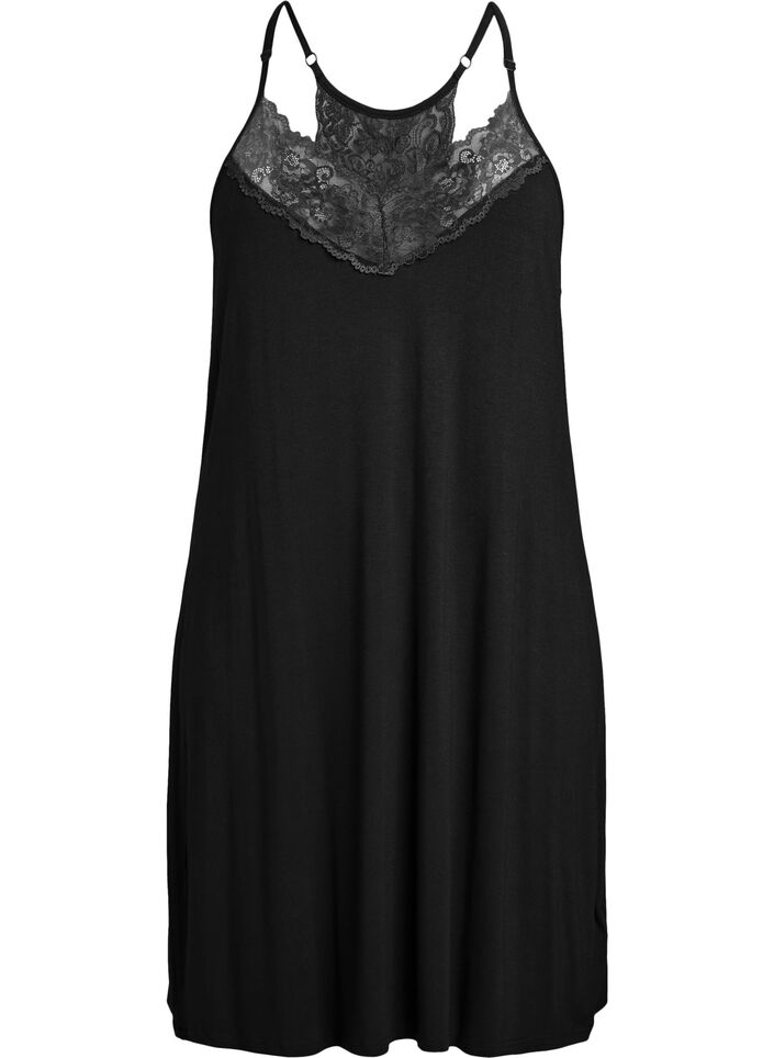Nuisette sans manches en viscose avec d&eacute;tails en dentelle, Noir, Packshot image number 0