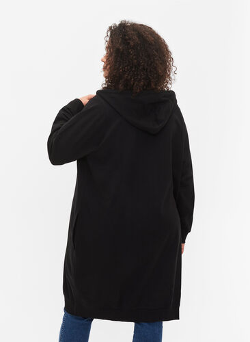 Long cardigan en coton à capuche, Black, Model image number 1