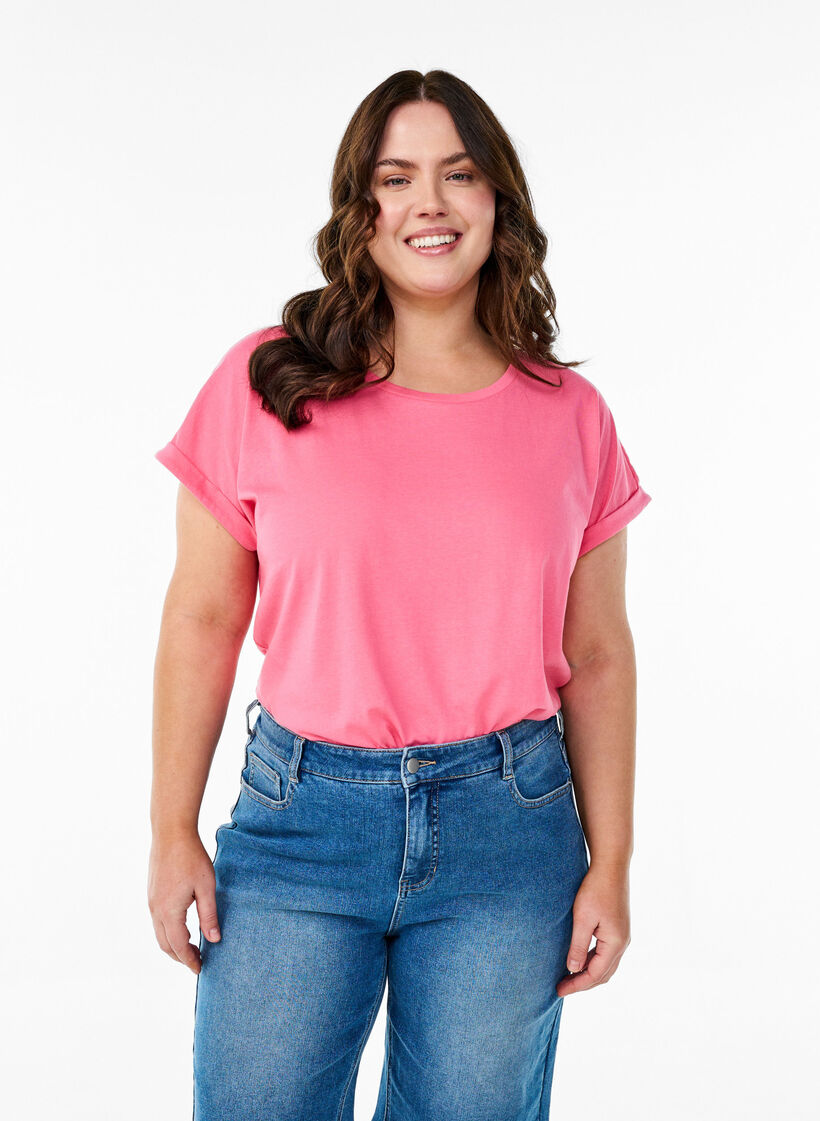 T-shirt &agrave; manches courtes en m&eacute;lange de coton, Rose, Model image number 0