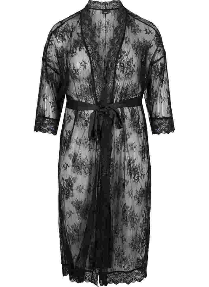 Robe de chambre longue en dentelle , Black, Packshot image number 0