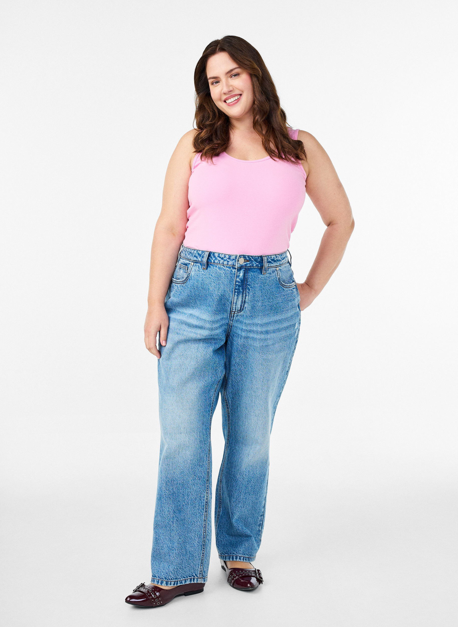 ZizziSolide kleur basis top in katoen, Roze, Model image number 1