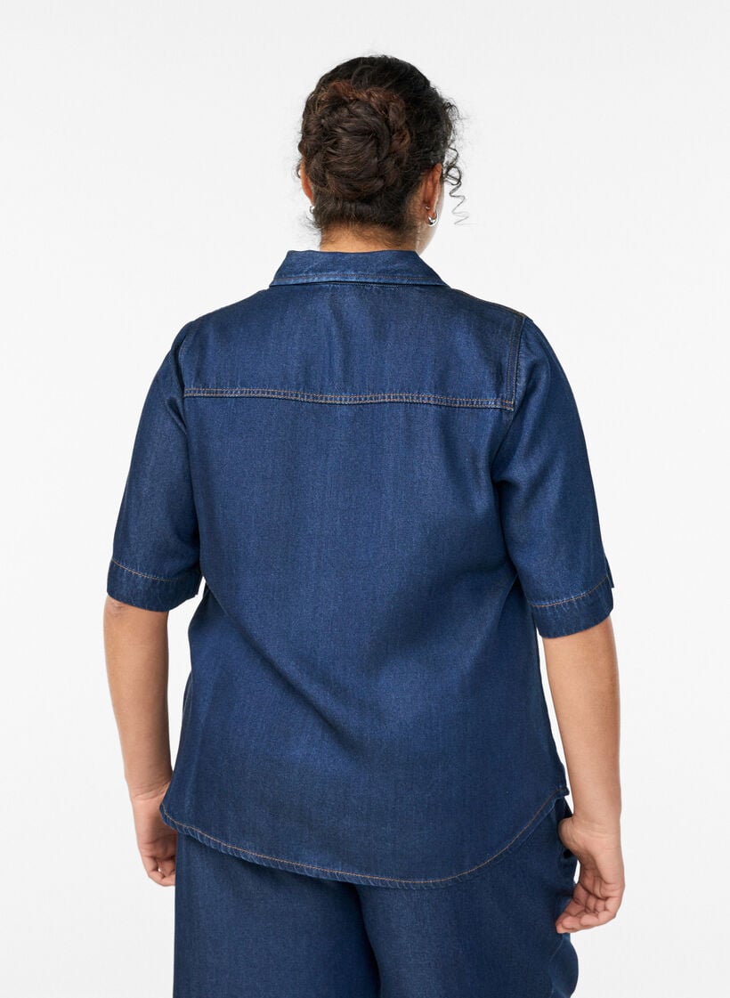 Denimlook lyocell shirt met korte mouwen, Blauw, Model image number 2