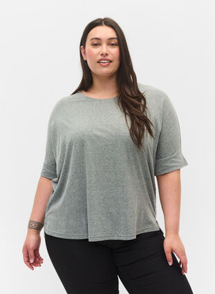 Gemêleerde blouse met korte mouwen, Balsam Green Mel., Model image number 0