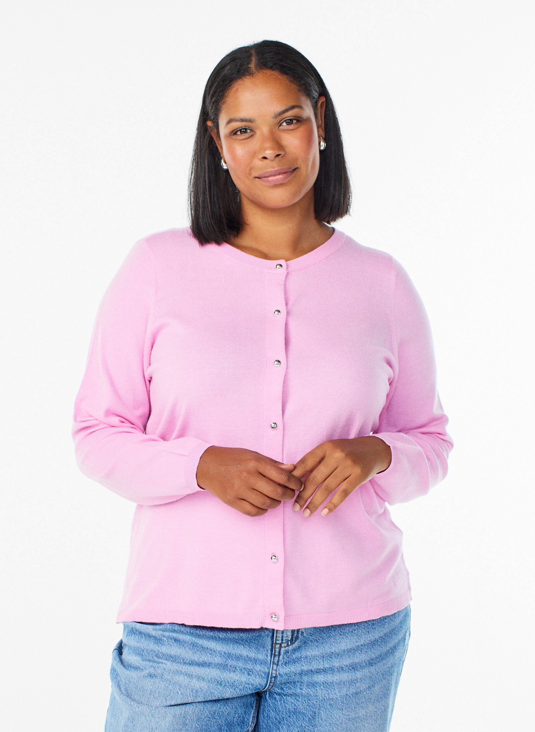 ZizziCardigan met ronde knopen, Roze, Model image number 0