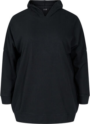Katoenen sweatshirt met capuchon en high-low effecet, Black, Packshot image number 0