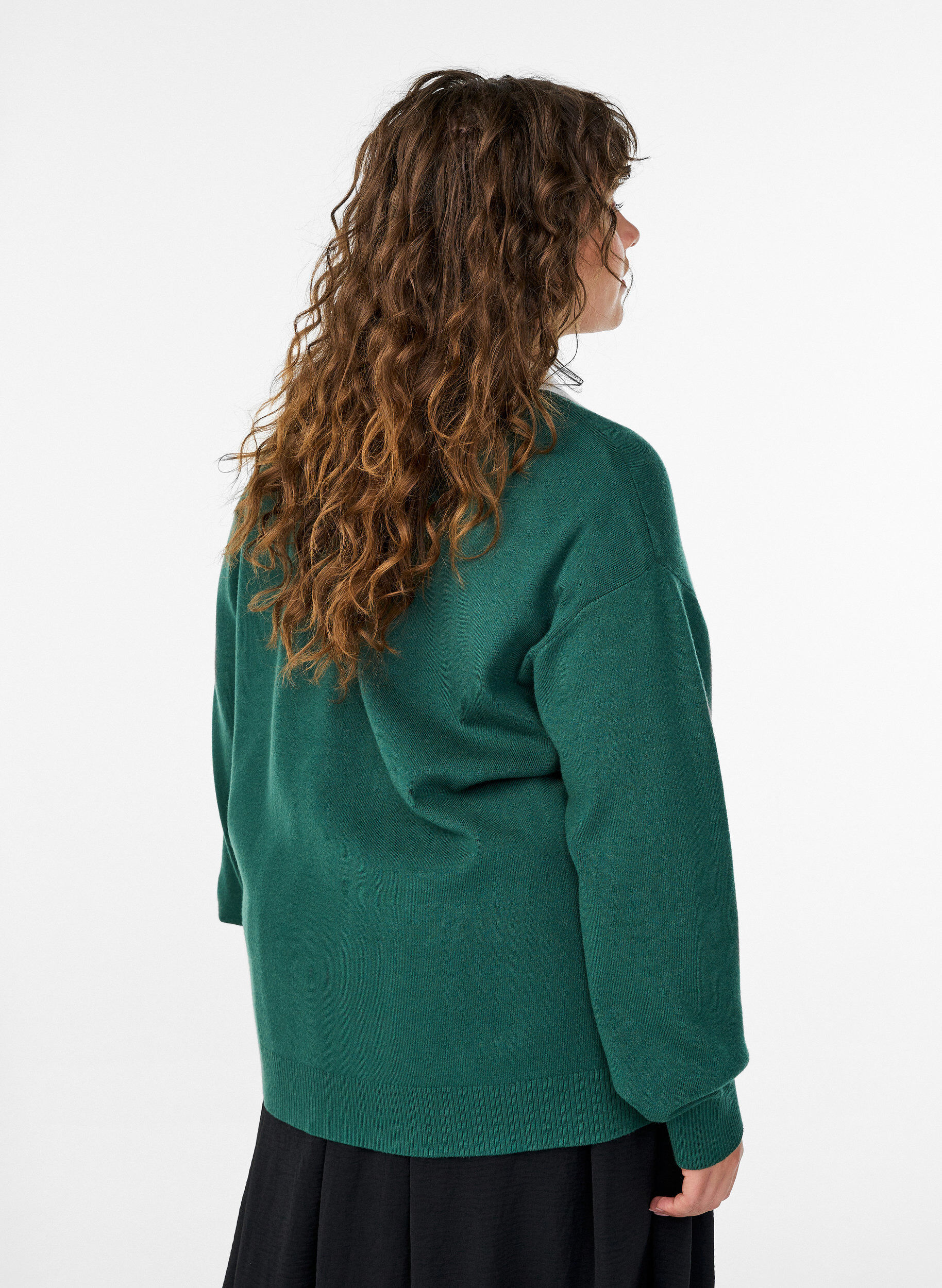 ZizziGebreide blouse met polokraag en contrasterende strepen, Groen, Model image number 2