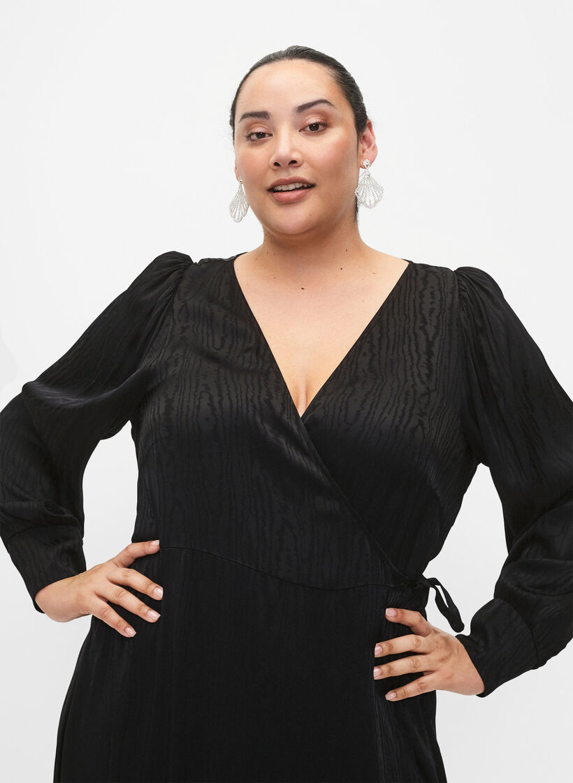 Robe à manches longues en viscose avec imprimé ton sur ton, Black, Model image number 2