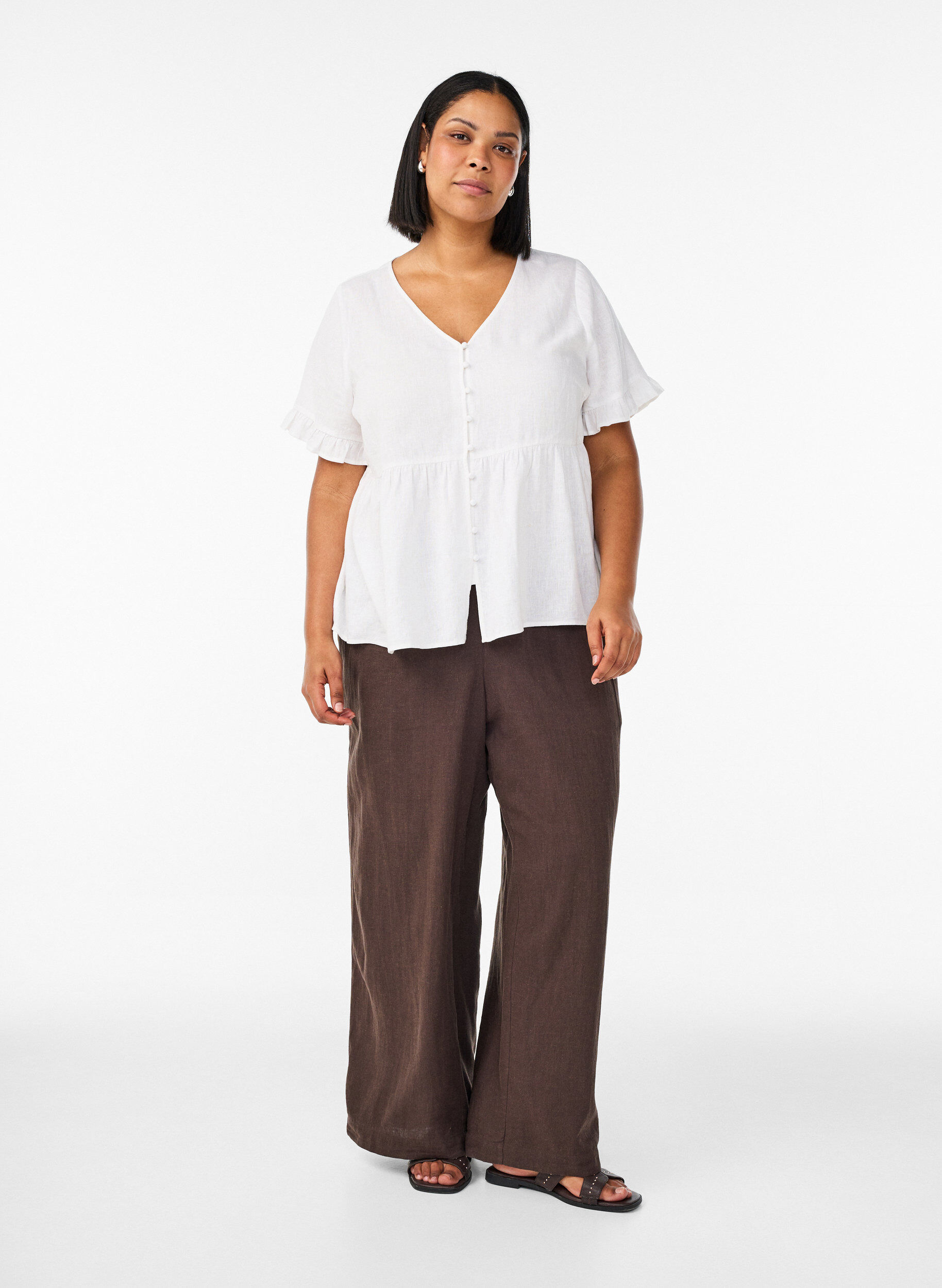 ZizziBlouse in linnen en viscose met een V-hals en knoopsluiting, Wit, Model image number 1