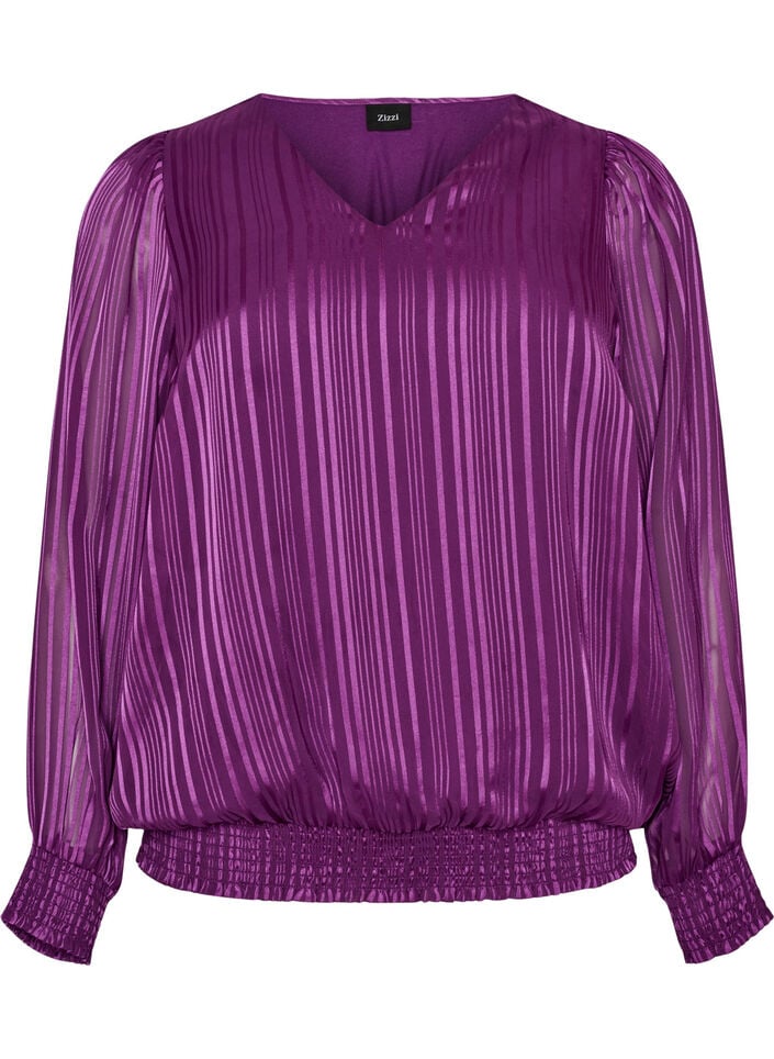 Gestreepte blouse met ballonvorm, Paars, Packshot image number 0