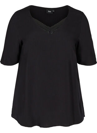 Viscose blouse met v-hals en kant, Black, Packshot image number 0