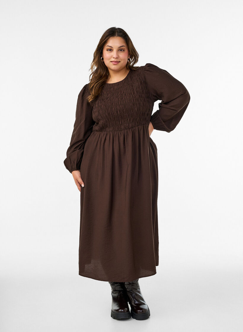 Midi-jurk van viscose met smockwerk, Bruin, Model image number 1
