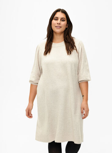 Gebreide jurk met 3/4 pofmouwen, Pumice S./White Mel., Model image number 0