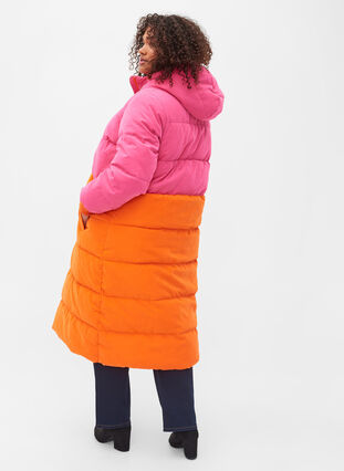 Lange winterjas met color-block, Pink W/Orange, Model image number 1
