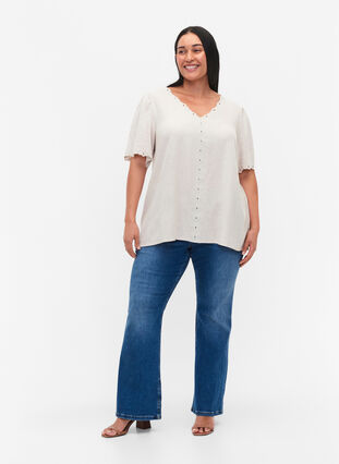 Viscose-linnen blouse met borduurwerk, Moonbeam, Model image number 2
