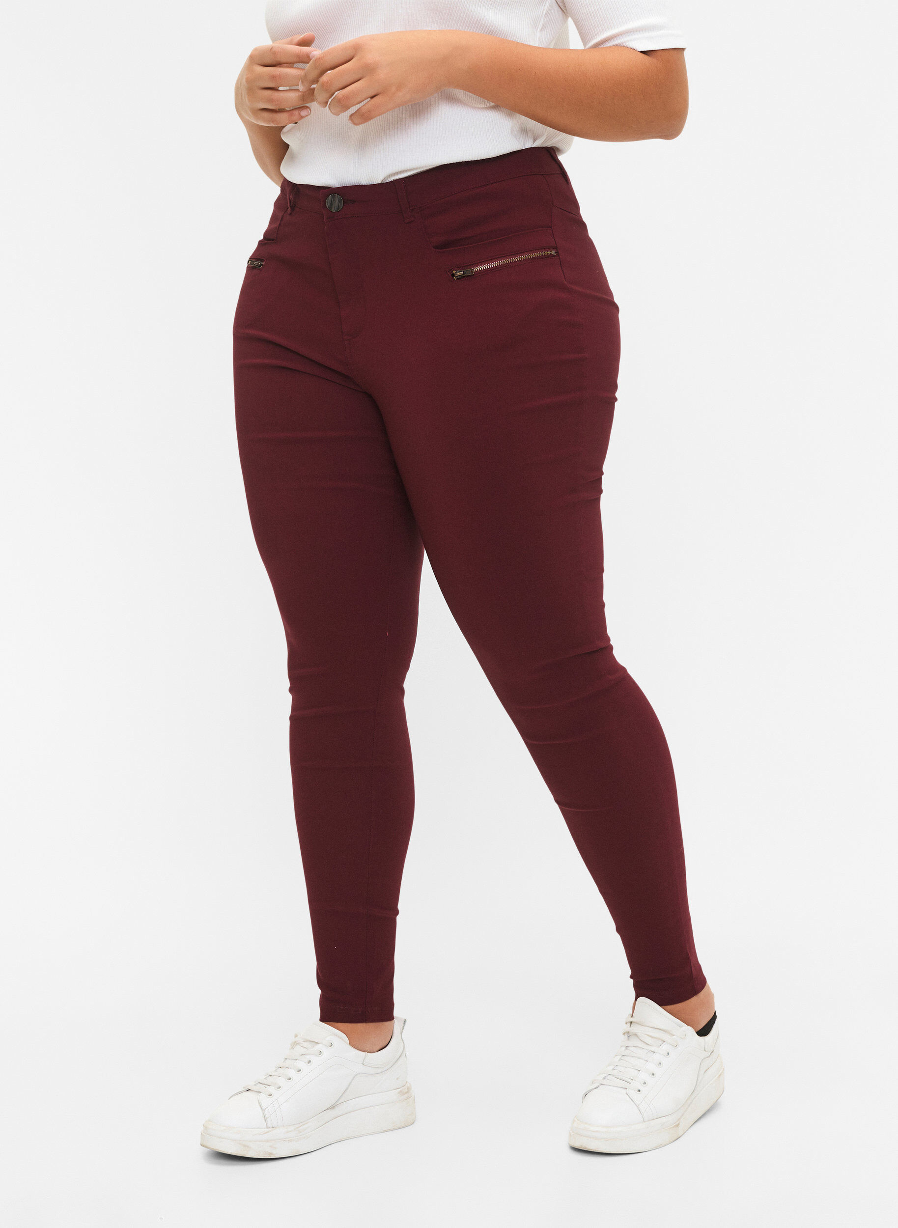 Zizzi Pantalon moulant avec d&eacute;tails de fermetures &eacute;clairs , Bordeaux, Model image number 2