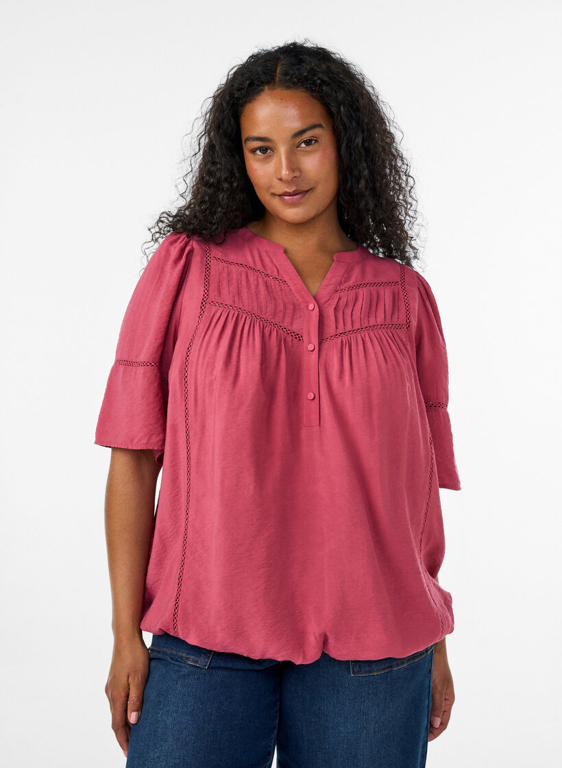 Viscose blouse met plooien en balloneffect, Roze, Model image number 0