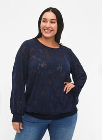 Jacquard blouse met smokwerk, Navy Blazer, Model