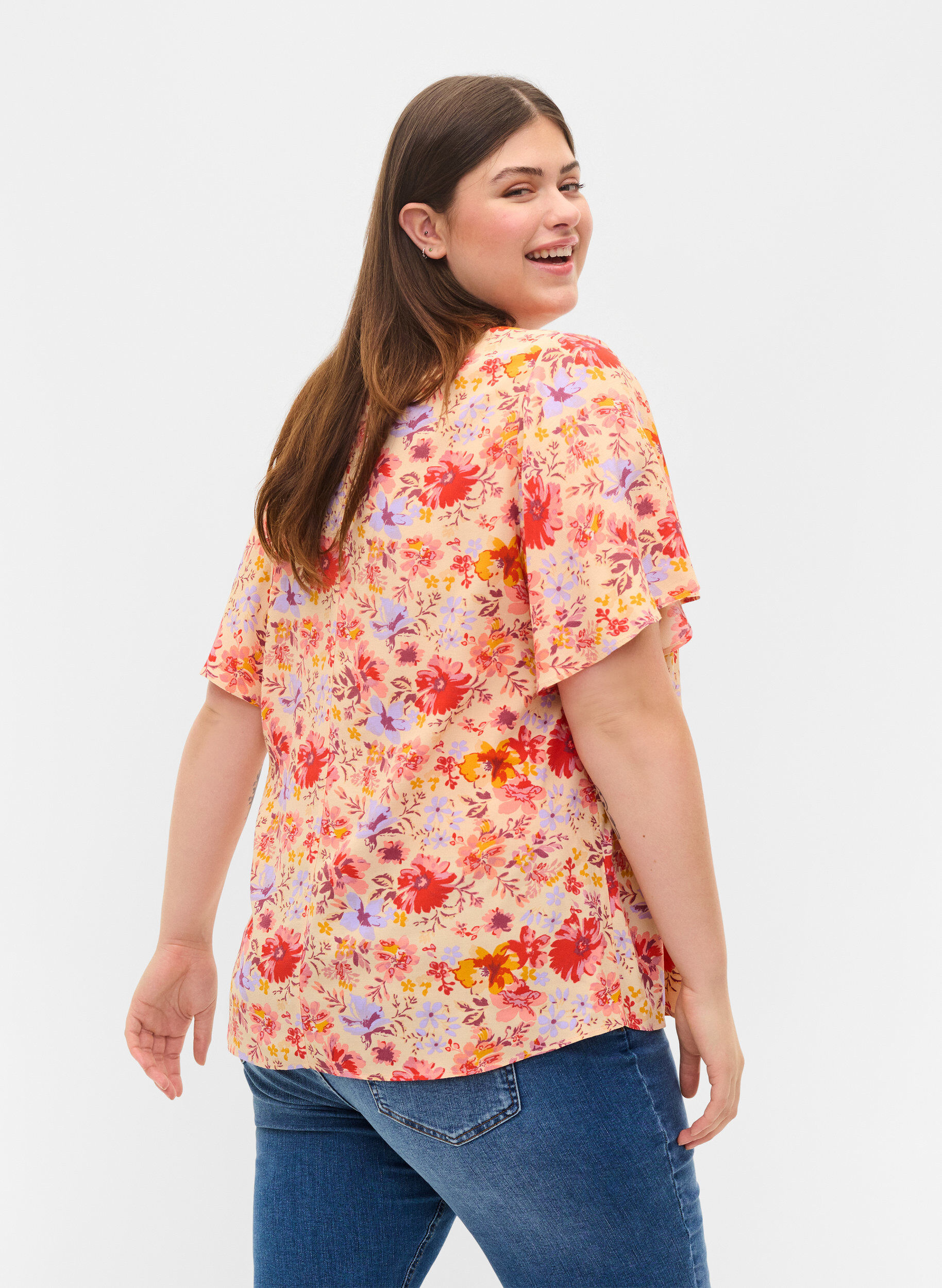 ZizziViscose top met korte mouwen en bloemenprint, Red Orange AOP, Model image number 1
