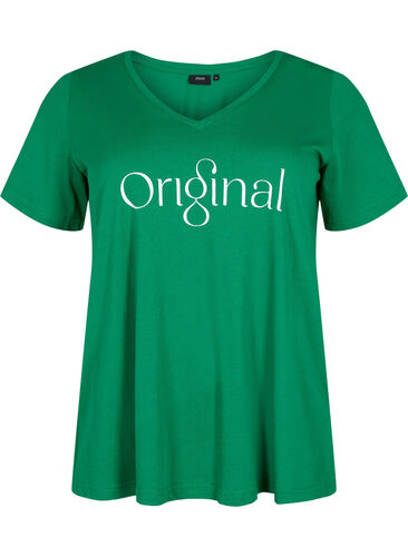 T-shirt en coton avec impression de texte et col en V, Jolly Green ORI, Packshot image number 0