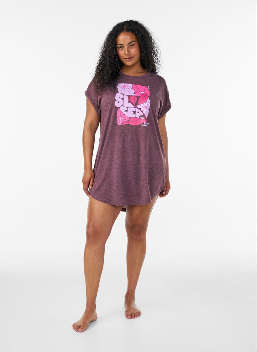 Chemise de nuit &agrave; manches courtes avec imprim&eacute; de texte, Bordeaux fonc&eacute;, Model image number 1