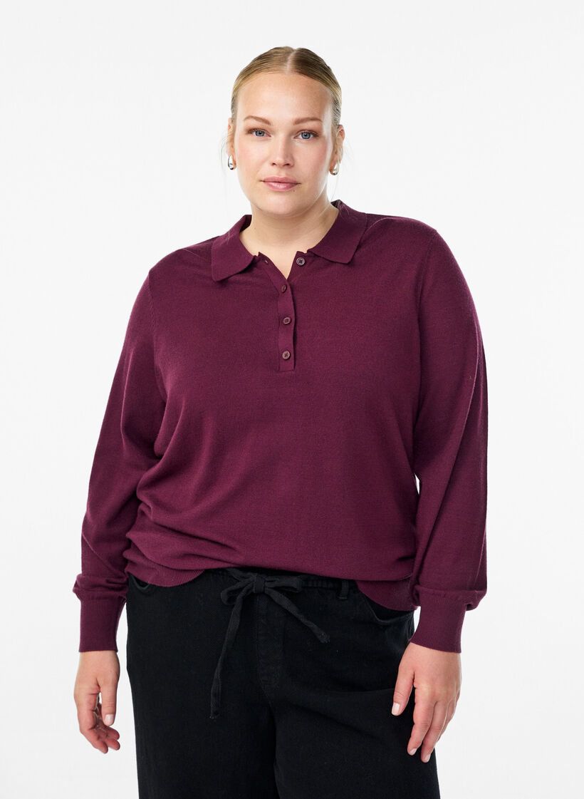 Strik blouse met kraag, Donker Bordeaux, Model image number 0