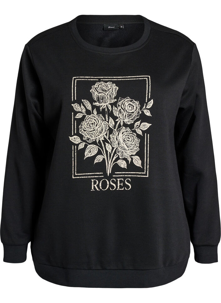 Sweatshirt met rozenprint en strassteentjes, Zwart, Packshot image number 0