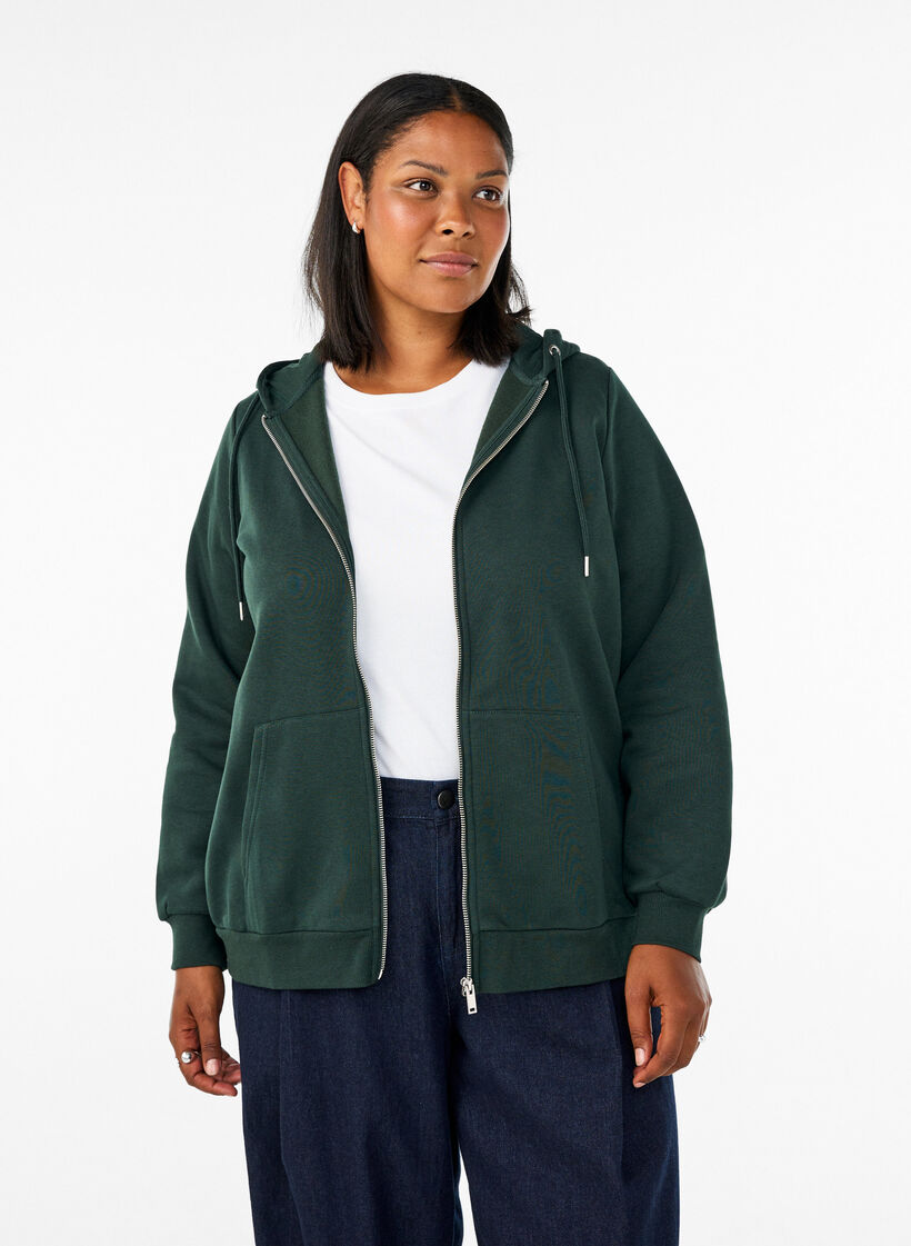 Sweat &agrave; capuche zipp&eacute; avec poches, Vert fonc&eacute;, Model image number 0