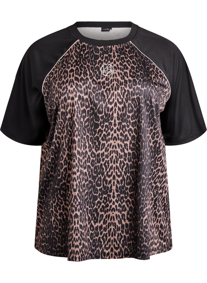 Workout T-shirt met raglanmouwen en luipaardprint, Bruin, Packshot image number 0