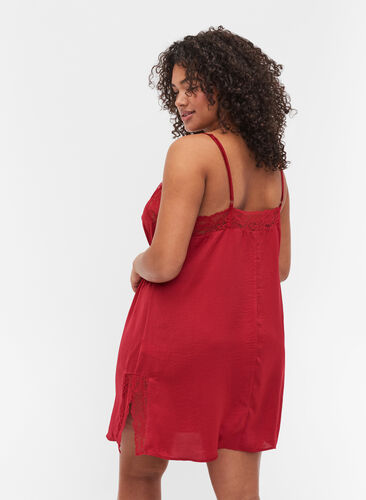 Pyjama jurk met kant en split, Rhubarb, Model image number 1