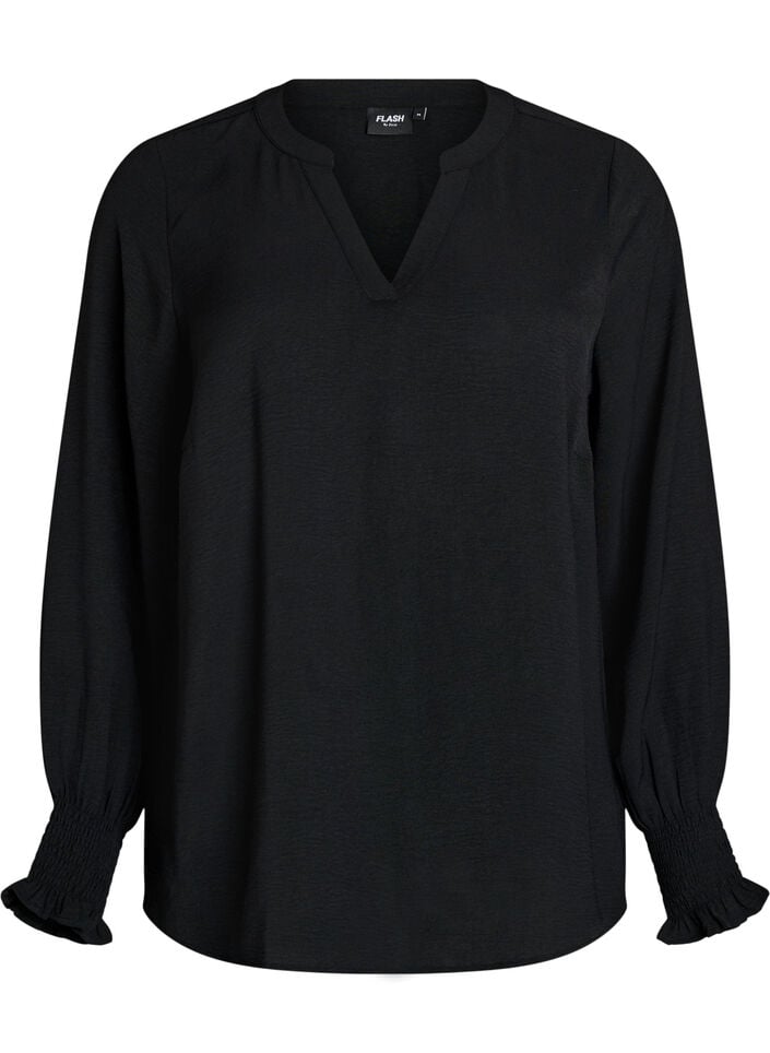 Blouse avec poignets smock&eacute;s et col en V, Noir, Packshot image number 0