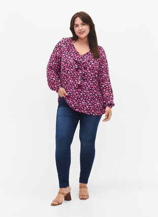 Bedrukte blouse met ruches, Navy Purple AOP, Model image number 2
