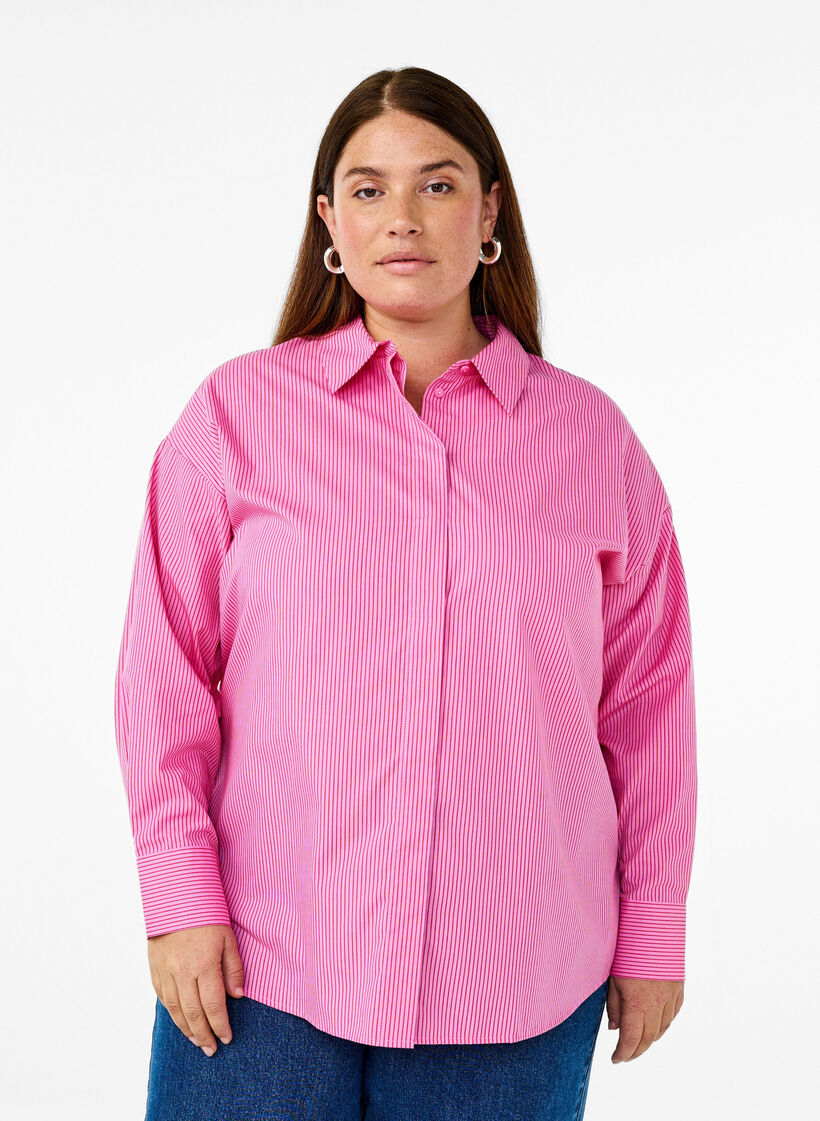 Losse shirt met lange mouwen en strepen, Roze, Model image number 0
