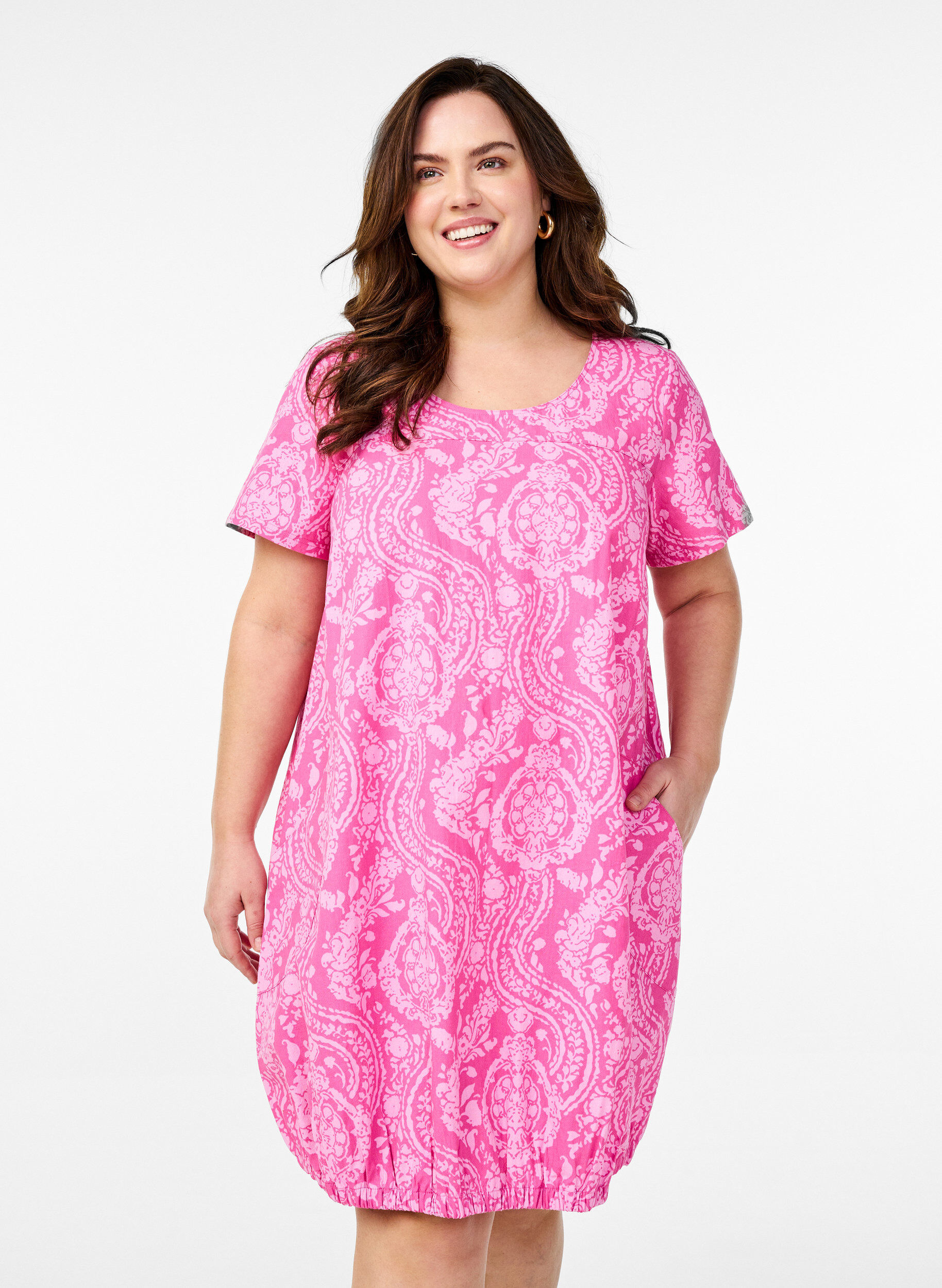 Katoenen jurk met korte mouwen en print, Roze, Model