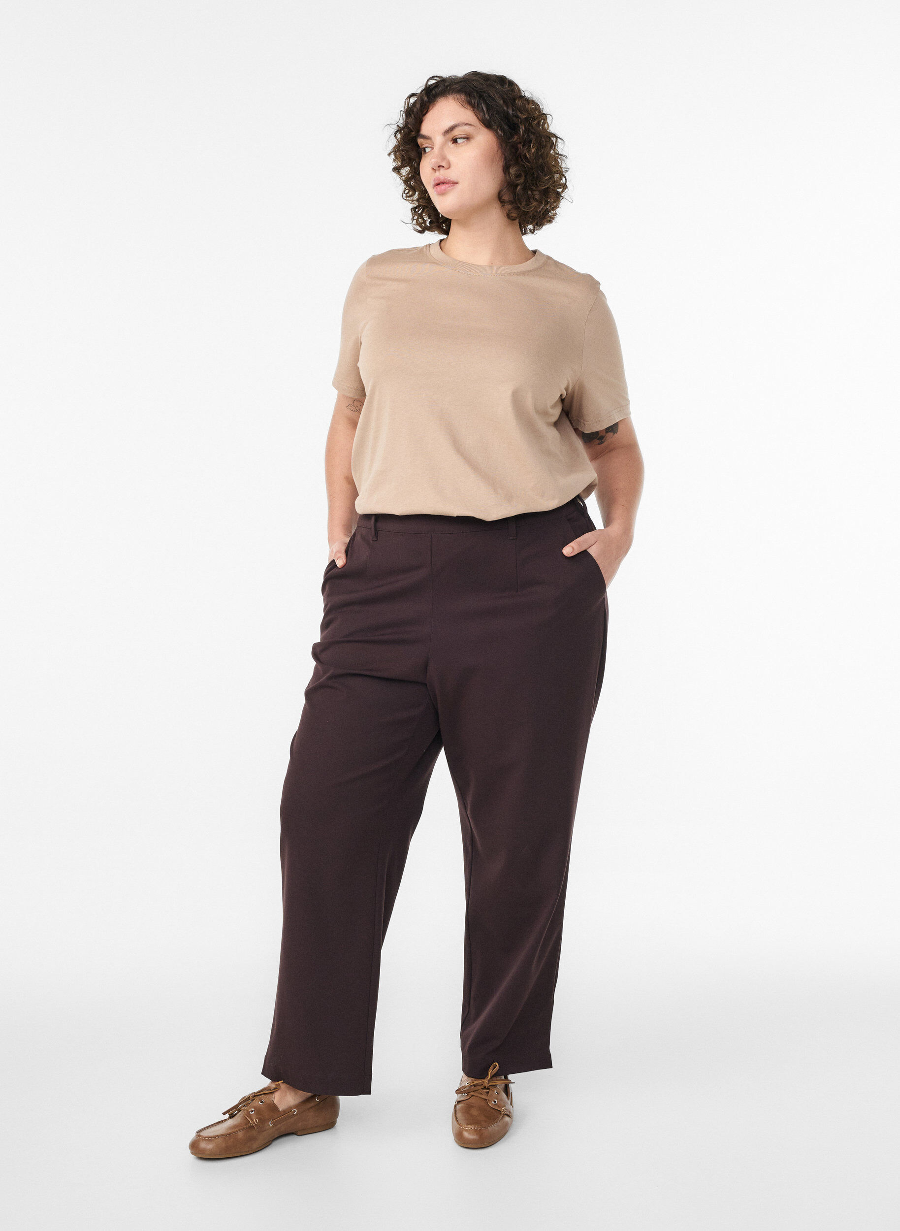 ZizziBasic katoenen T-shirt met ronde hals, Beige, Model image number 1