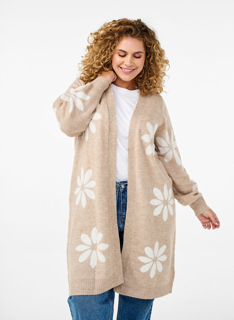 Lange cardigan met bloemen breisel, Simply Taupe Comb, Model image number 0