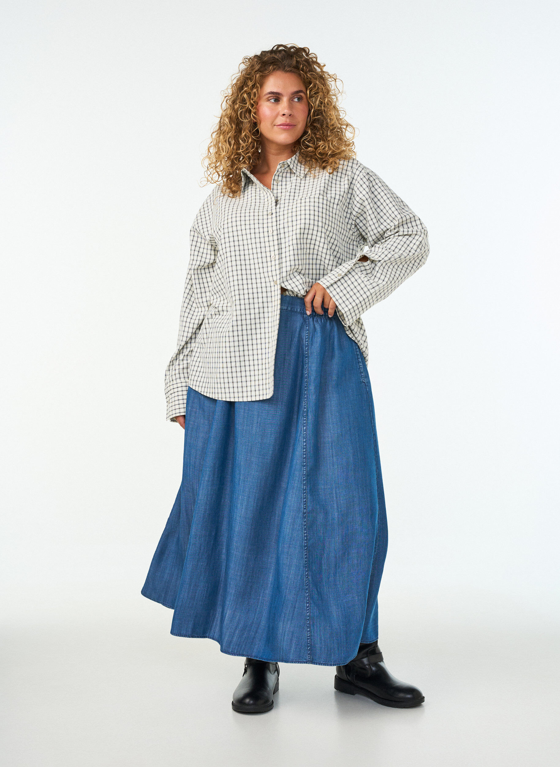 ZizziJupe longue en lyocell aspect denim, Bleu, Model image number 0