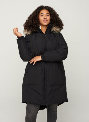 Manteau d'hiver avec capuche et bordure en fausse fourrure, Black, Model image number 0
