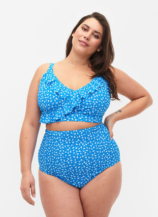 Bas de bikini taille extra haute avec imprimé floral, Blue Flower Print, Model image number 0