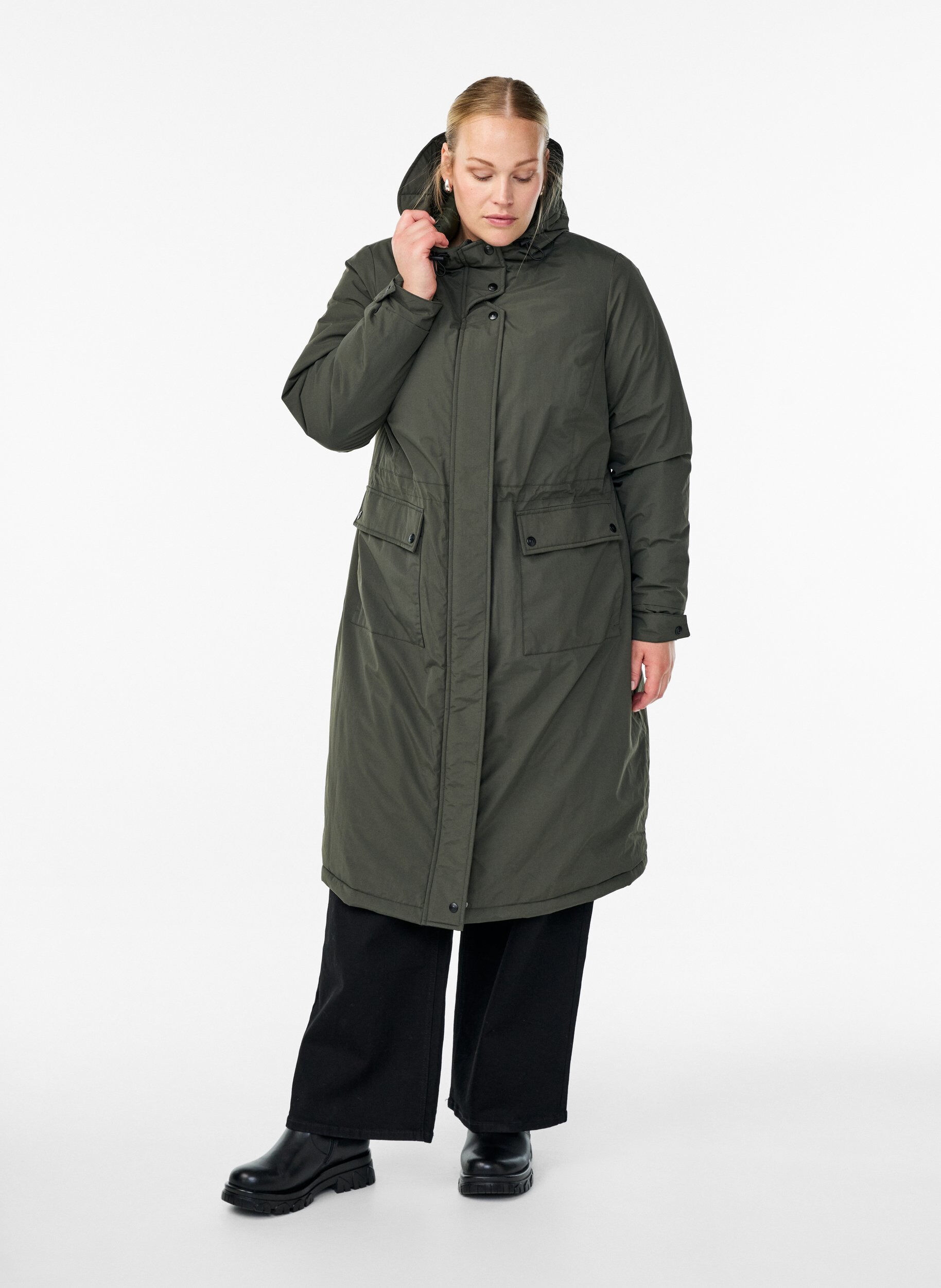 ZizziParka met capuchon en verstelbare taille, Groen, Model image number 1