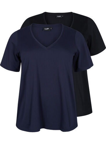 FLASH - T-shirts 2-pack à col en V, Navy Blazer/Black, Packshot image number 0
