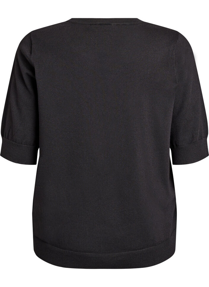 Fijngebreide blouse met korte mouwen, Zwart, Packshot image number 1