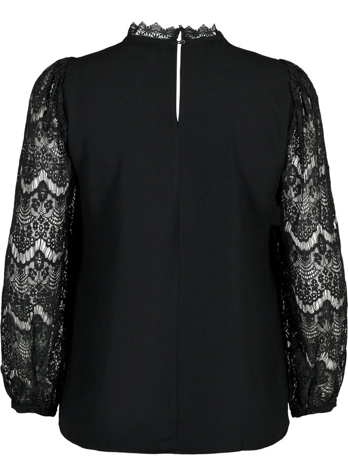 Blouse met lange mouwen en kant, Black, Packshot image number 1