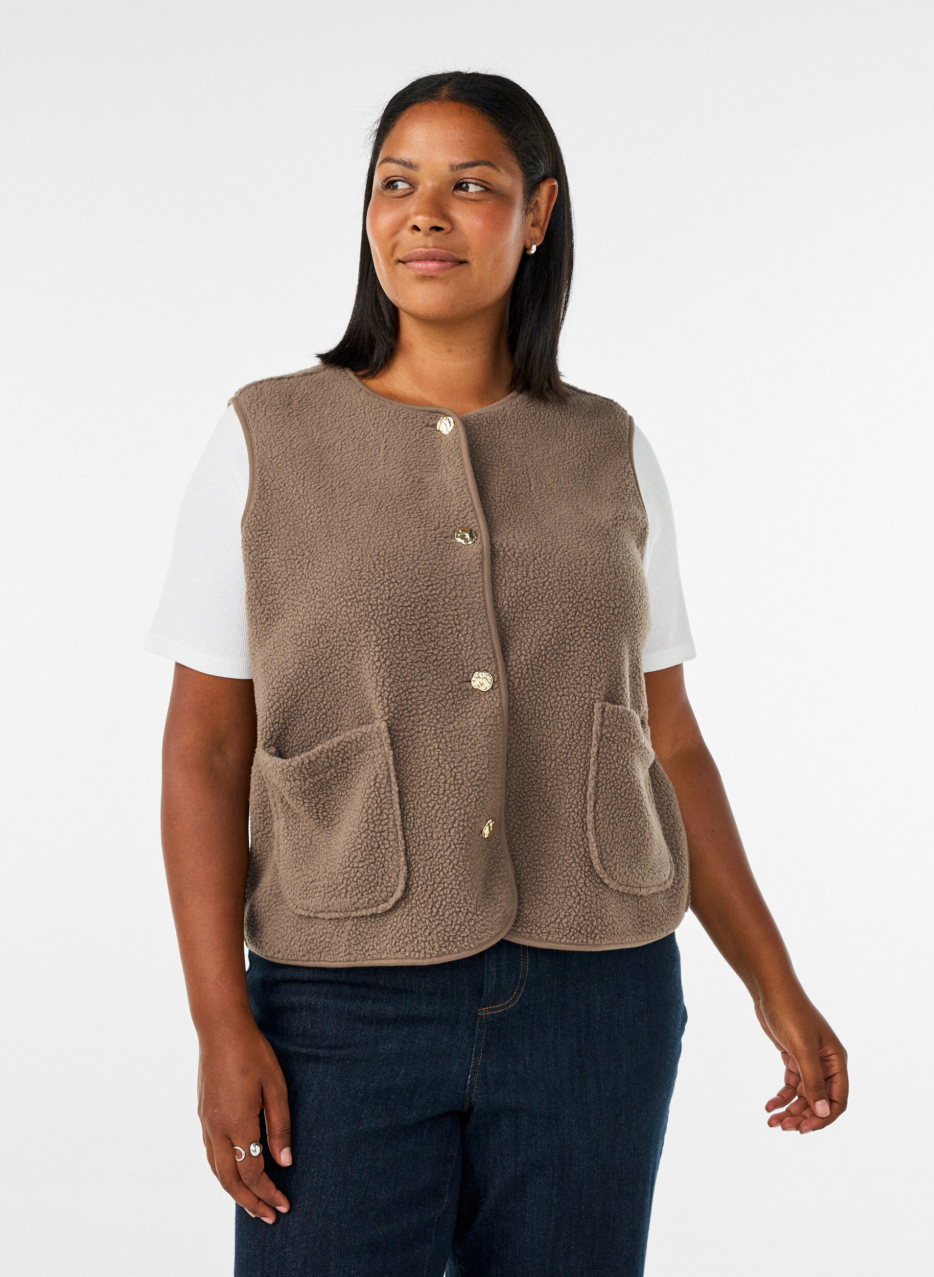 Teddy gilet met knopen en zakken, Bruin, Model