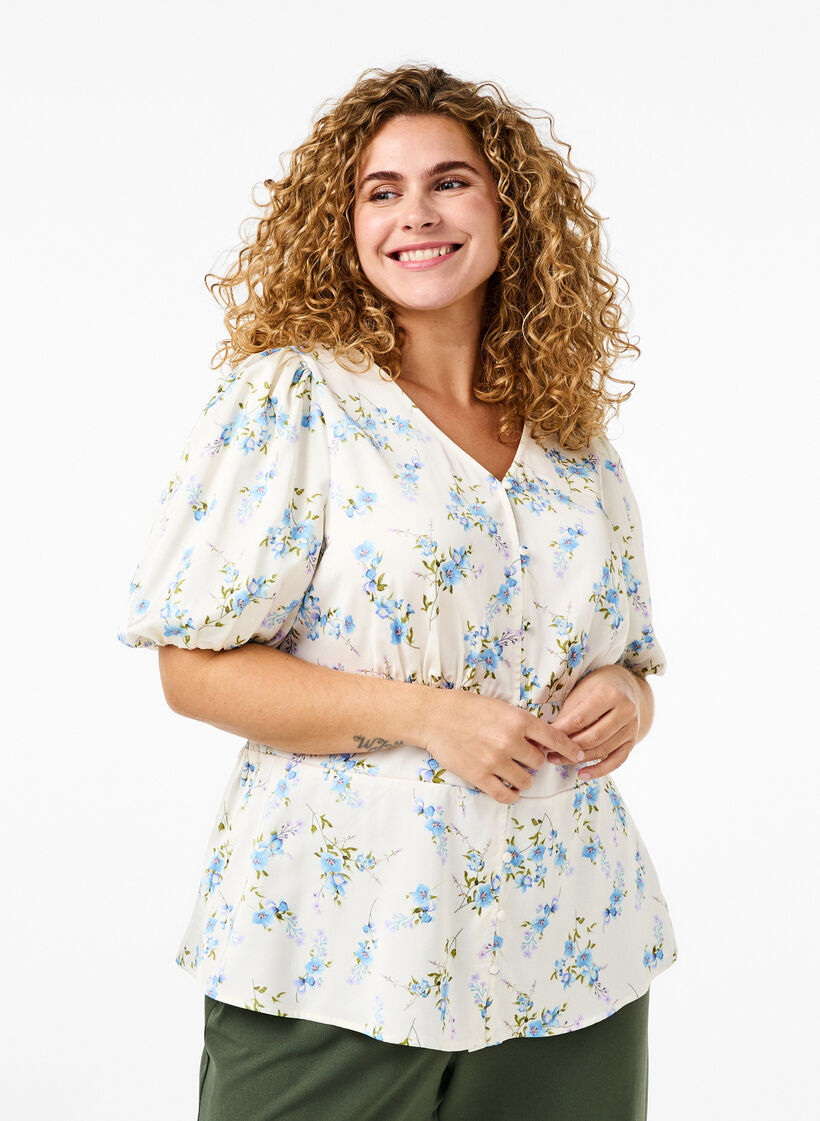 Chemisier en satin floral avec manches bouffantes, Off White Blue Fl., Model image number 0