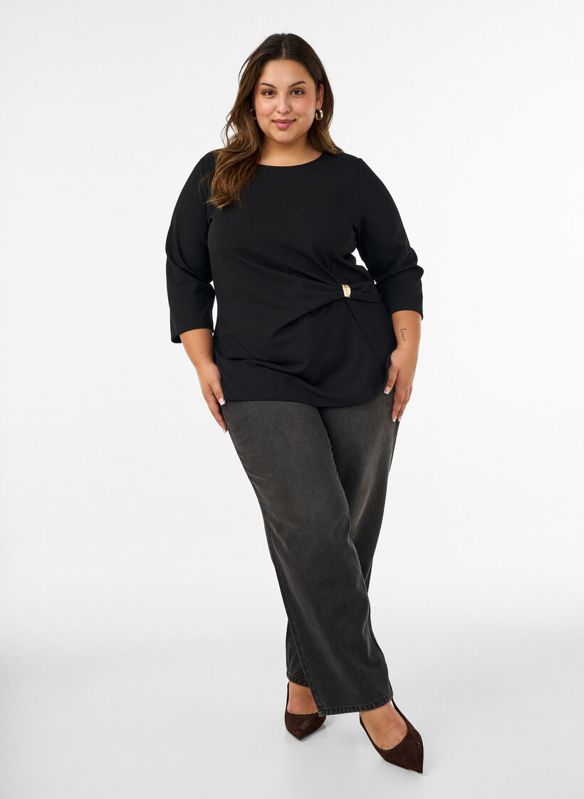 Blouse met asymmetrische drapering en 3/4-mouwen, Zwart, Model image number 1