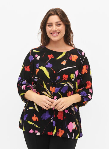 Viscose blouse met print en 3/4 mouwen, Faded Tulip AOP, Model image number 0