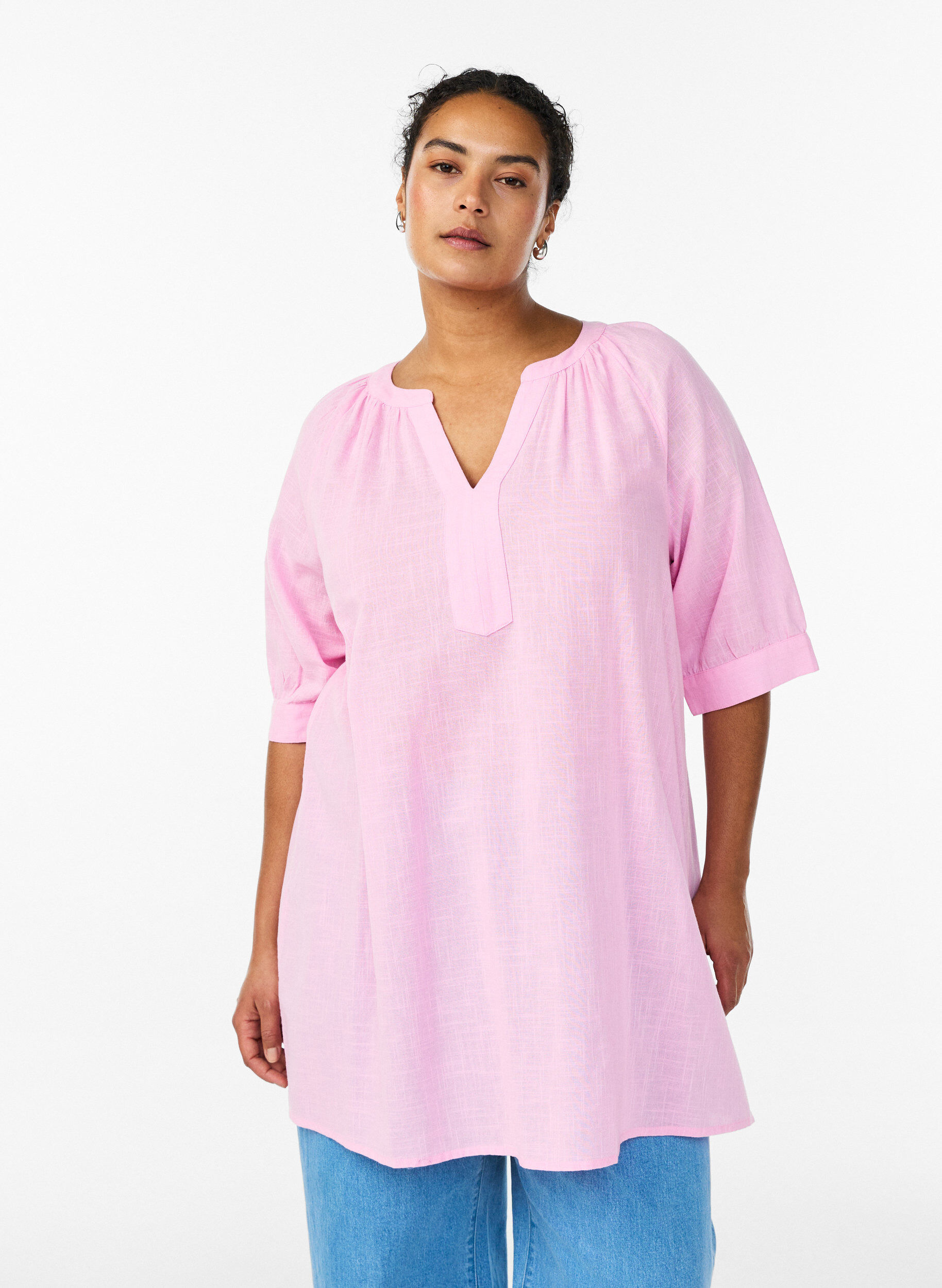 Tunique en coton avec un col en V, Rose, Model
