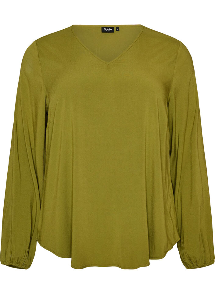 Viscose blouse met V-hals en lange mouwen, Groen, Packshot image number 0