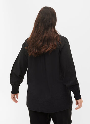 Viscose hemd met smok mouwen, Black, Model image number 1